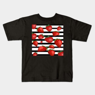 Happy Strawberry Design, Black & White Stripes & Strawberries Kids T-Shirt